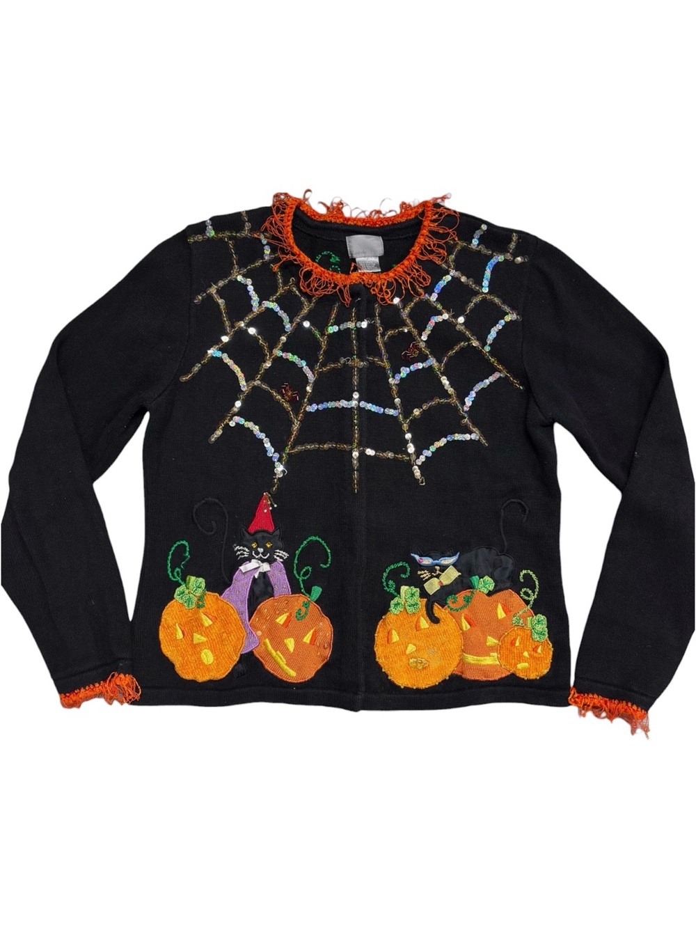 Berek | Vintage Black and Orange Knit Halloween Cat Spiderweb Cardigan